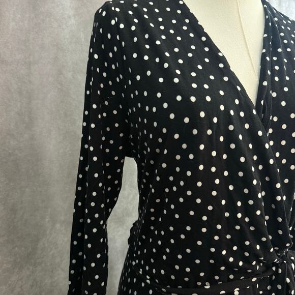 Black White Polka Dot Wrap Dress Stretchy XXL with Tie Bow Waist Mid Length - Picture 3 of 10